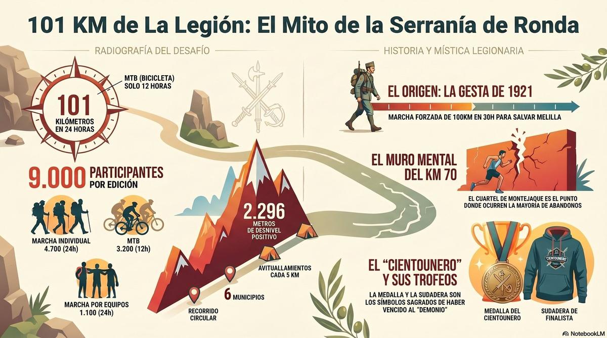 Infografía: 101 KM de La Legión — el mito de la Serranía de Ronda. 101 km en 24h, 9.000 participantes, 2.140 m de desnivel, recorrido circular por 6 municipios, avituallamientos con 20 puntos de avituallamiento. Historia desde 1921, el muro mental del km 70 y los símbolos del cientounero.