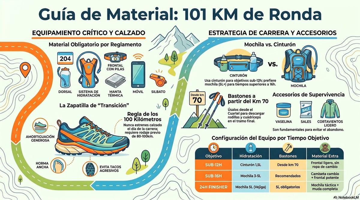 Infografía: guía visual de material y equipamiento para los 101 KM de Ronda